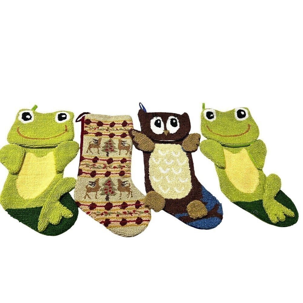 Lot of 4 Christmas Stockings Frogs Woodland Owl Crochet‎ Knit Pattern 20x 11 1/2